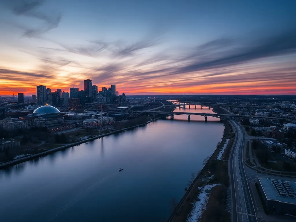 Aerial view of Edmonton city skyline with North Saskatchewan