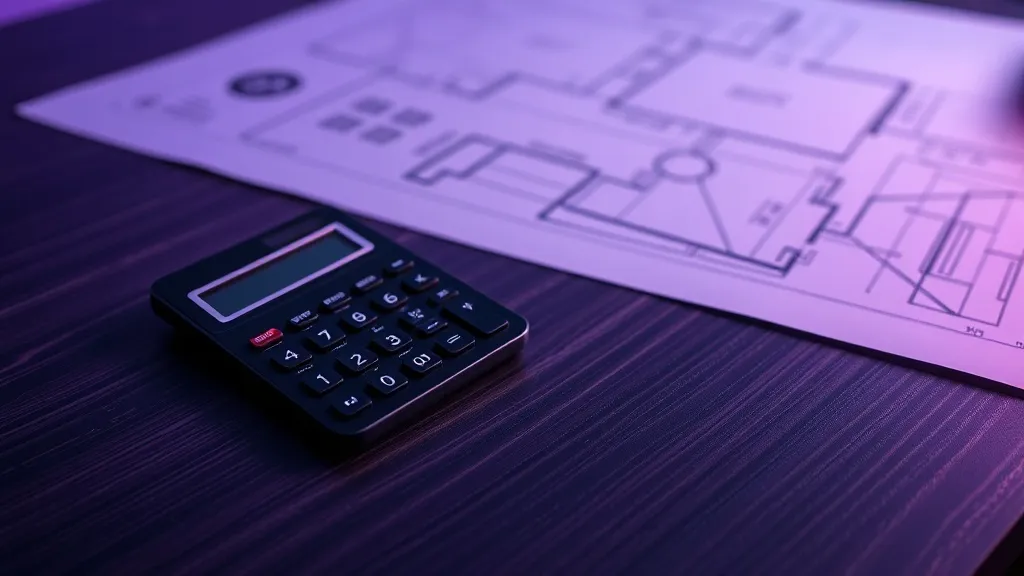 A professional architectural blueprint and a calculator on a
