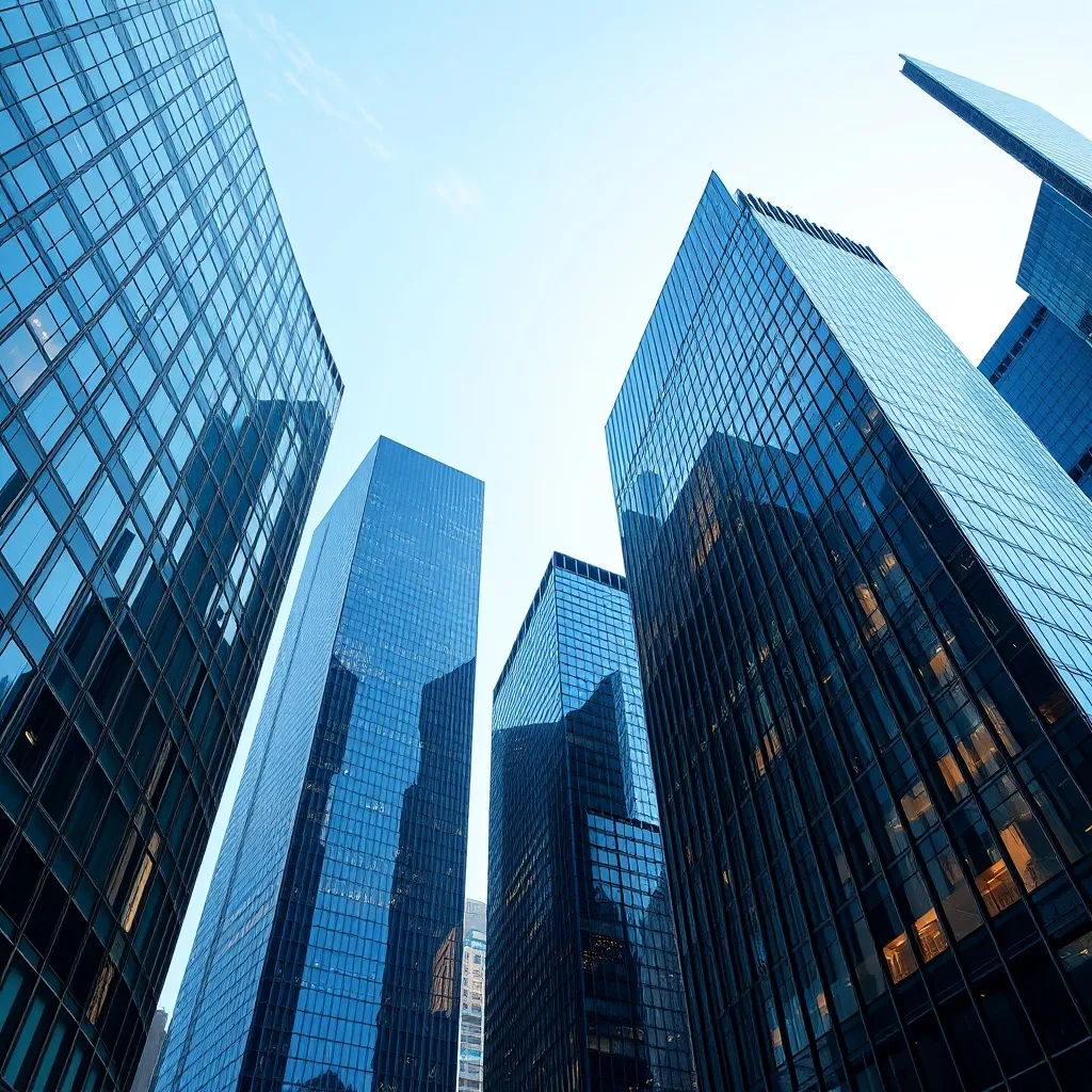 A high-angle architectural photograph of a modern financial