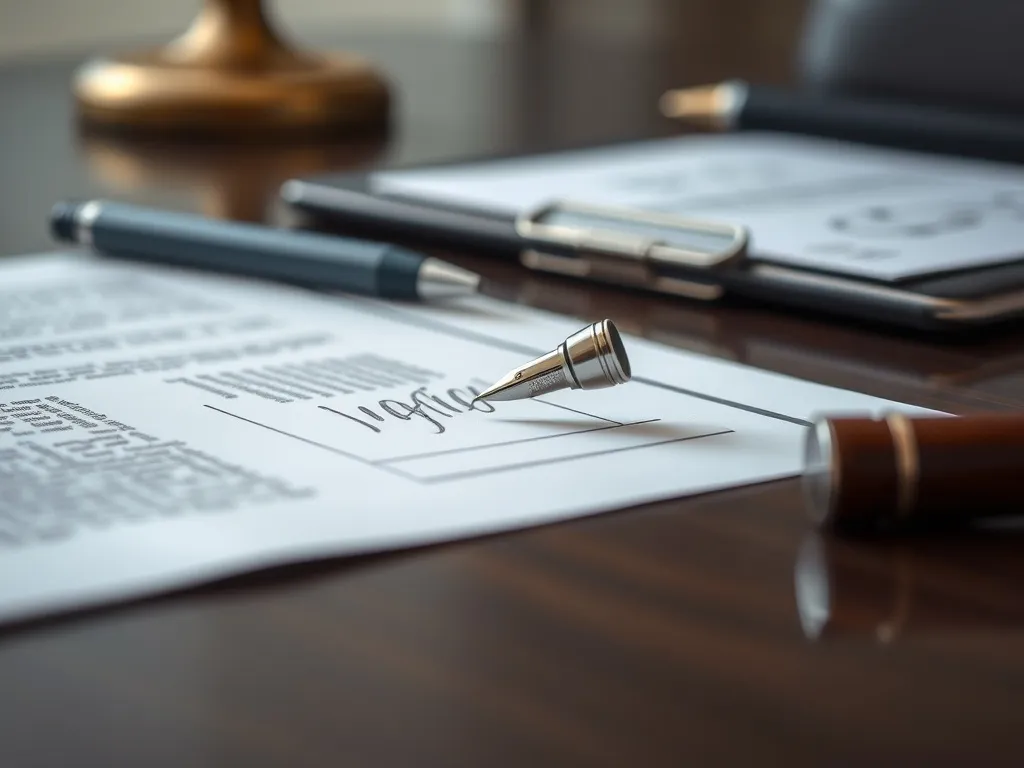 A close-up of a legal document and a silver fountain pen on